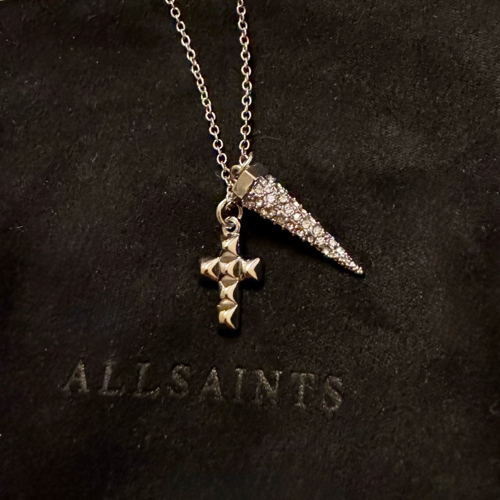 AllSaints Spike and Cross Necklace Silver-tone Crystal Pavé NWT